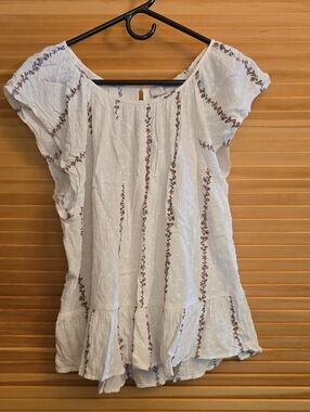 LOFT White Peasant Top with Delicate Floral Stripes